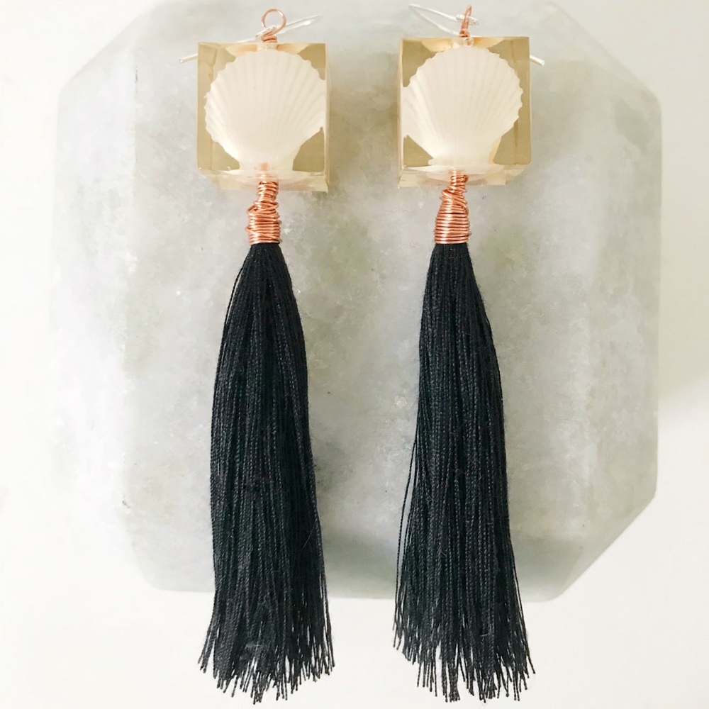 Handmade Black Tassel Real Hawaiian Shell Earrings